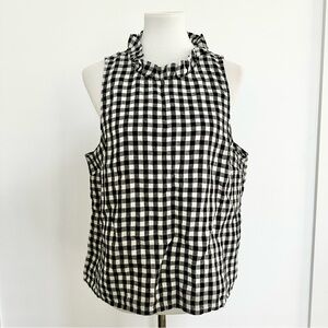 J. Crew Black and White Gingham Ruffle Neck Sleeveless Top NWT Size Large
